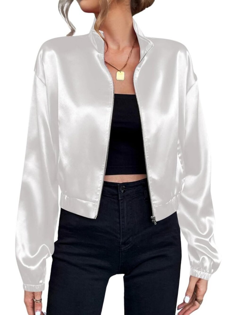 Lightweight Satin Bomber Jacket for Women | Drop Shoulder, Long Sleeve, Zip Up